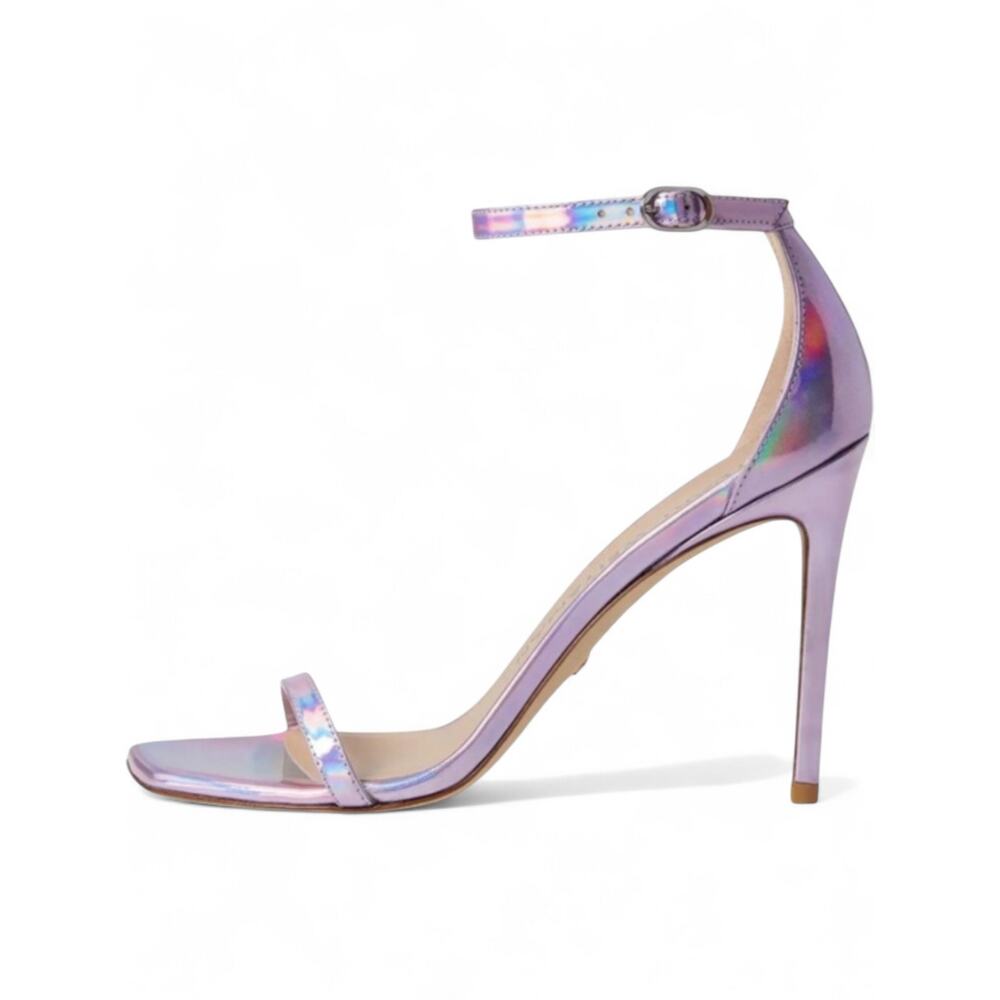 Holographic Iridescent Pink Purple Strappy Stiletto Heels Ankle Strap Y2K 8 NWOT - Picture 3 of 9